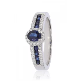 Fehér arany gyémánt és zafír köves gyűrű – 14 karátos