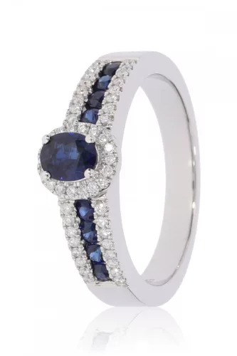 Fehér arany gyémánt és zafír köves gyűrű – 14 karátos