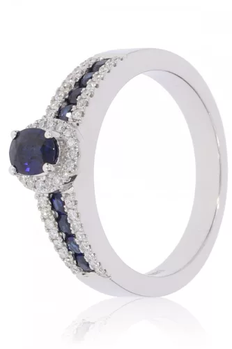 Fehér arany gyémánt és zafír köves gyűrű – 14 karátos