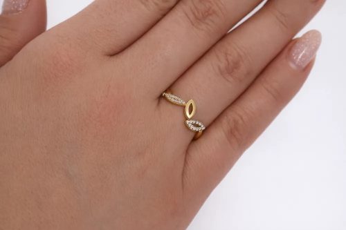 Sárga arany levél mintás cirkon köves gyűrű egyedi nőies stílusban