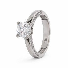 Fehér arany eljegyzési gyűrű központi cirkon kővel és sorkövekkel