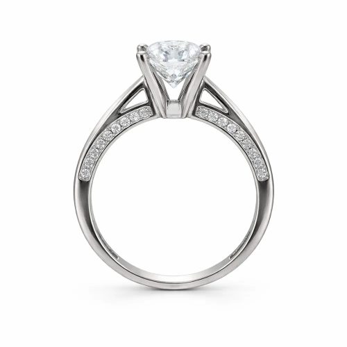 Fehér arany eljegyzési gyűrű központi cirkon kővel és sorkövekkel