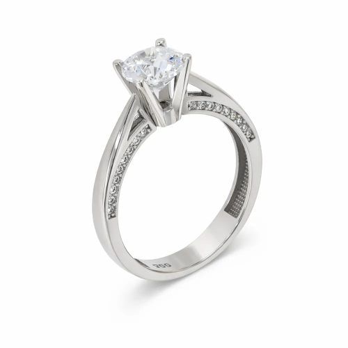 Fehér arany eljegyzési gyűrű központi cirkon kővel és sorkövekkel