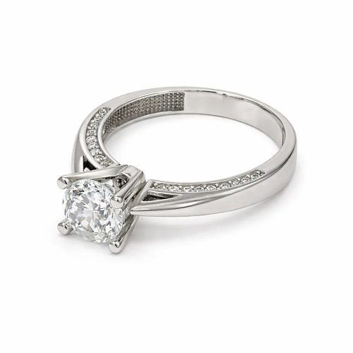 Fehér arany eljegyzési gyűrű központi cirkon kővel és sorkövekkel