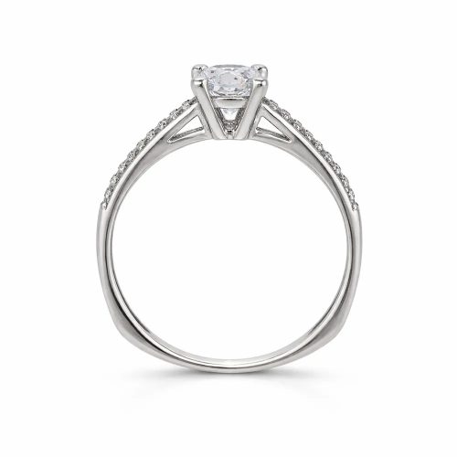 Fehér arany eljegyzési gyűrű központi cirkon kővel és sorkövekkel