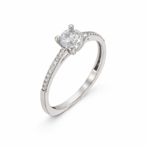 Fehér arany eljegyzési gyűrű központi cirkon kővel és sorkövekkel