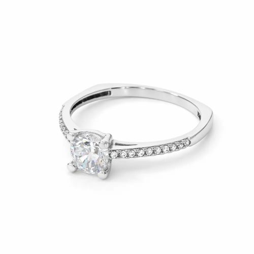 Fehér arany eljegyzési gyűrű központi cirkon kővel és sorkövekkel