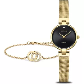 Bering női karóra szett arany fekete számlap gyémánt karkötő