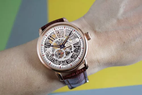 Poljot International férfi karóra – rosegold tok, skeleton számlap, barna szíj