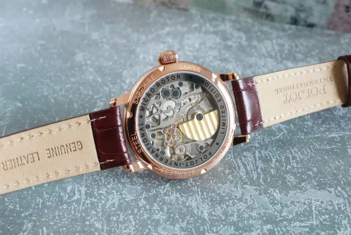 Poljot International férfi karóra – rosegold tok, skeleton számlap, barna szíj