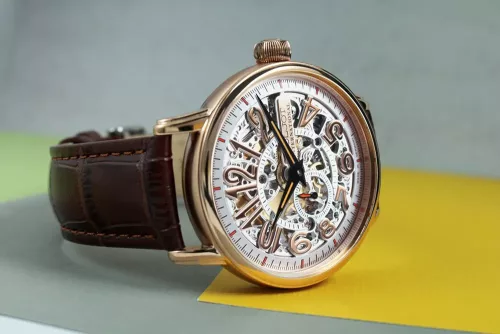 Poljot International férfi karóra – rosegold tok, skeleton számlap, barna szíj