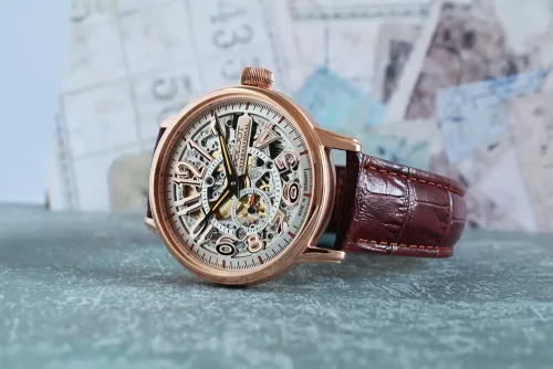 Poljot International férfi karóra – rosegold tok, skeleton számlap, barna szíj