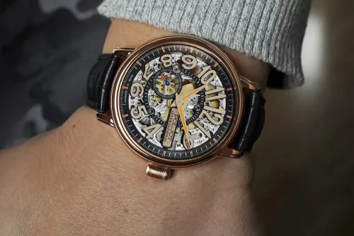 Poljot Dobronrav 5501.1910613 férfi karóra – rosegold tok, áttetsző számlap, fekete szíj