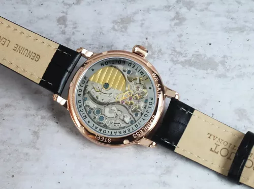 Poljot Dobronrav 5501.1910613 férfi karóra – rosegold tok, áttetsző számlap, fekete szíj