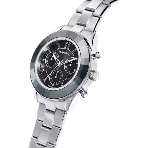 Swarovski Octea Lux Sport – fekete számlap, ezüst acél karkötő, kristály indexek