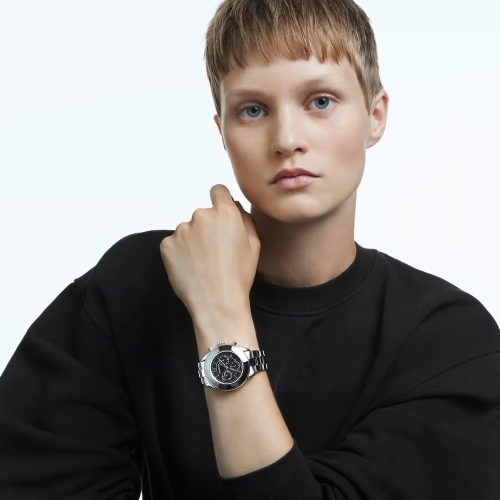 Swarovski Octea Lux Sport – fekete számlap, ezüst acél karkötő, kristály indexek