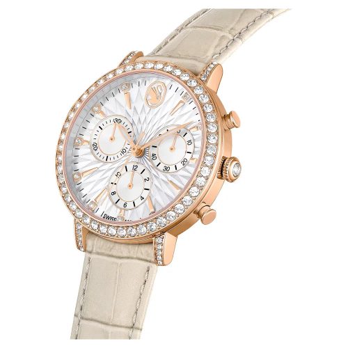 Swarovski Matrix Tennis Chrono női karóra – rózsaarany tónus, bézs bőrszíj, kristálydísz