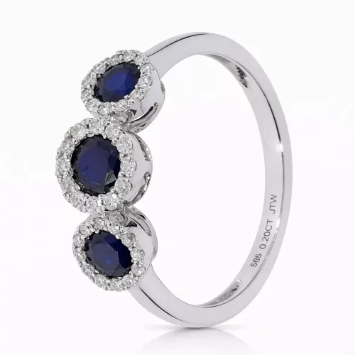 Fehér arany gyűrű három kék zafír és gyémánt kövekkel - 82032