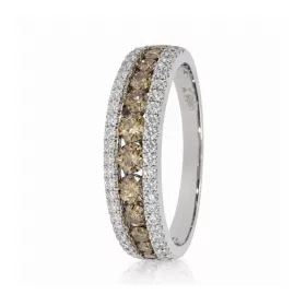 Fehér arany gyűrű champagne és fehér gyémánt sorokkal - 90656