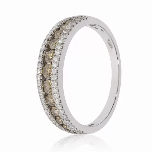 Fehér arany gyűrű champagne és fehér gyémánt sorokkal - 90656