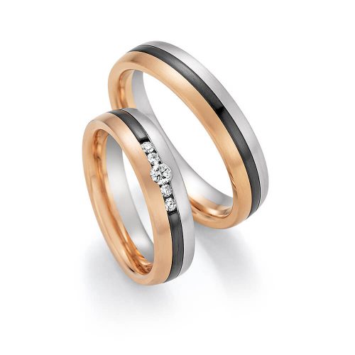 5mm széles Vörös-Fehér arany és Cirkónium Karikagyűrű pár gyémánt kővel - 10050/10060