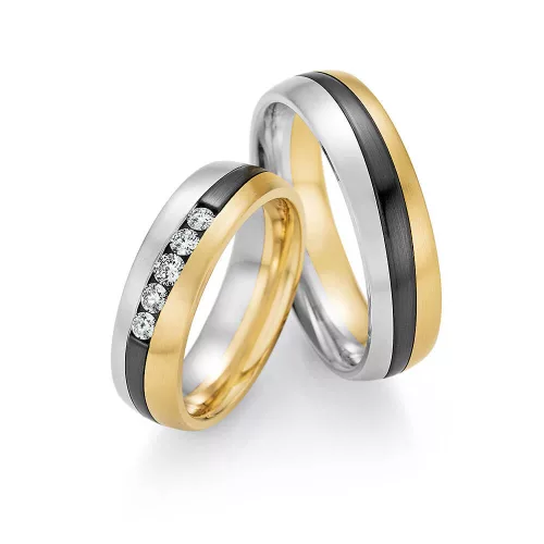 5mm széles Sárga-Fehér arany és Cirkónium Karikagyűrű pár gyémánt kővel - 10090/10100