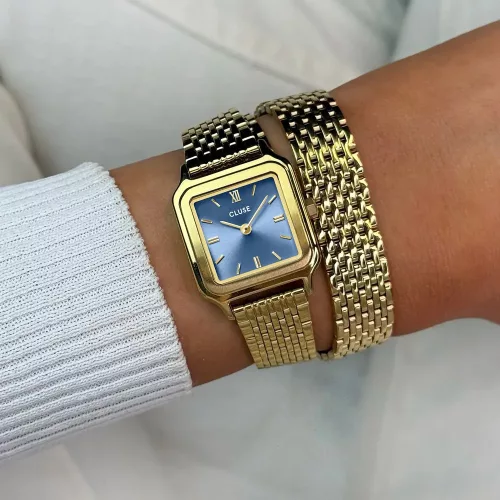 CLUSE Gracieuse Petite kék női karóra dupla arany acélszíjjal 24 mm kézen