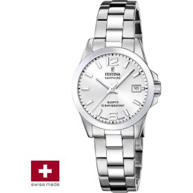 Festina Swiss női karóra – acél tok, ezüst számlap, dátum kijelző