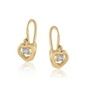 Arany baba fülbevaló – áttört szív forma, fehér cirkónia kővel, elölkapcsos zár