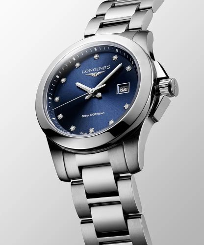 Longines Conquest gyémánt indexes kék számlap, acél tok és karkötő